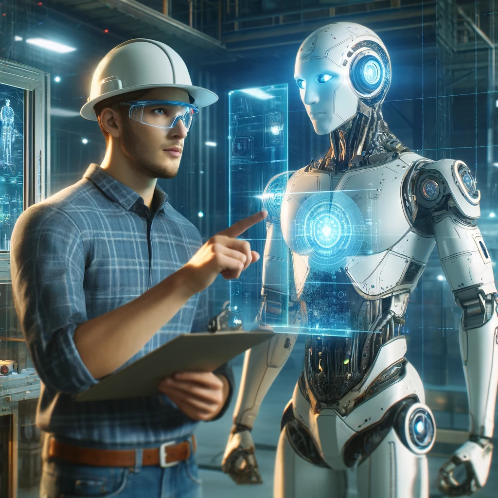 DALL·E 2024-04-05 09.40.44 - A futuristic image of a human-like robot giving guidance to an engineer. The robot has a sleek, humanoid appearance with visible circuitry and a digit