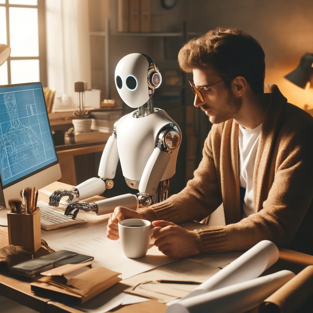 DALL·E 2024-04-05 09.43.57 - A cozy scene featuring an engineer sitting at a work desk with a cup of coffee. The engineer is focused on their work, with blueprints and tools scatt