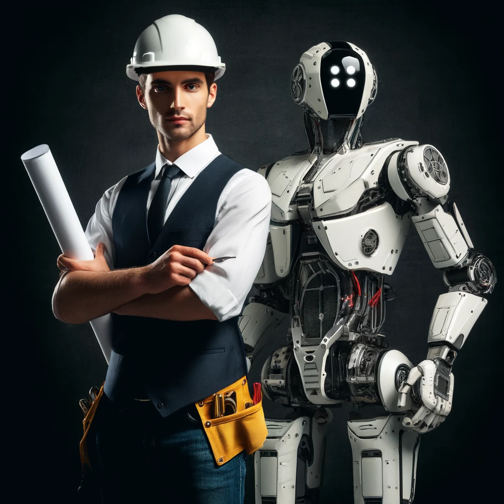 DALL·E 2024-04-05 09.47.04 - An image depicting an engineer, wearing a white safety helmet, standing confidently next to a humanoid robot. Both the engineer and the robot are dres