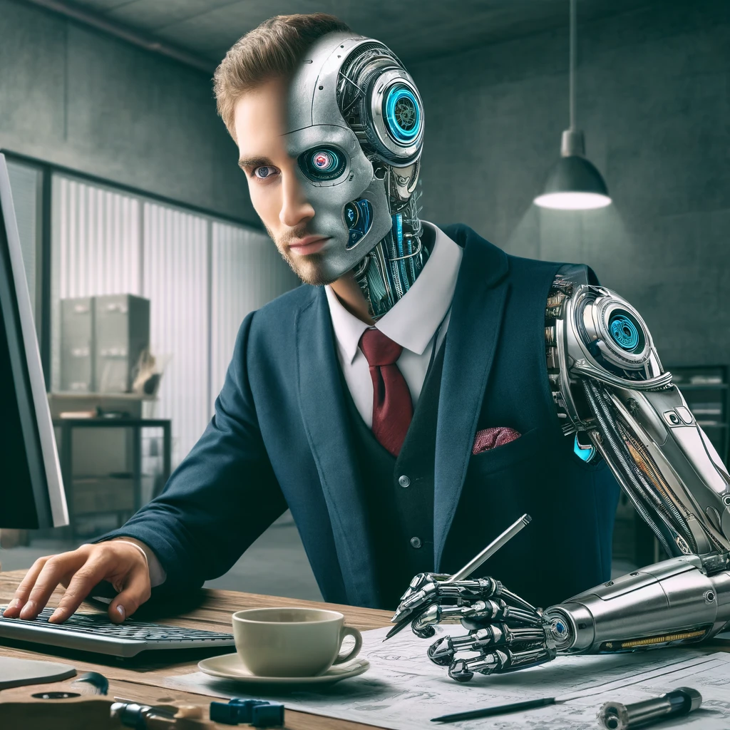 DALL·E 2024-04-05 09.50.52 - An innovative image showcasing a character that is half engineer-person and half robot, symbolizing the fusion of humanity and technology. The charact