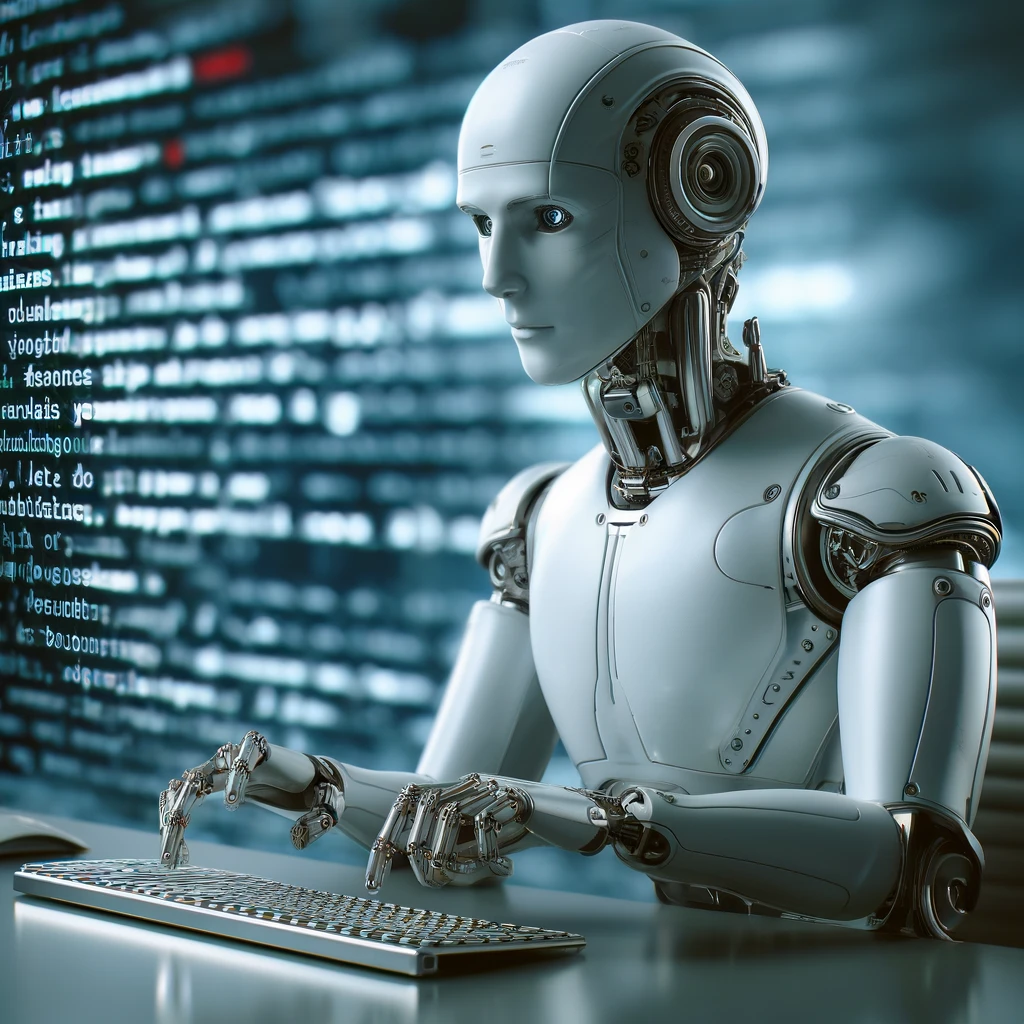 DALL·E 2024-04-05 10.41.38 - An evocative image of a robot sitting at a desk, intently typing on a computer. The robot has a sleek, futuristic design, with articulated fingers per